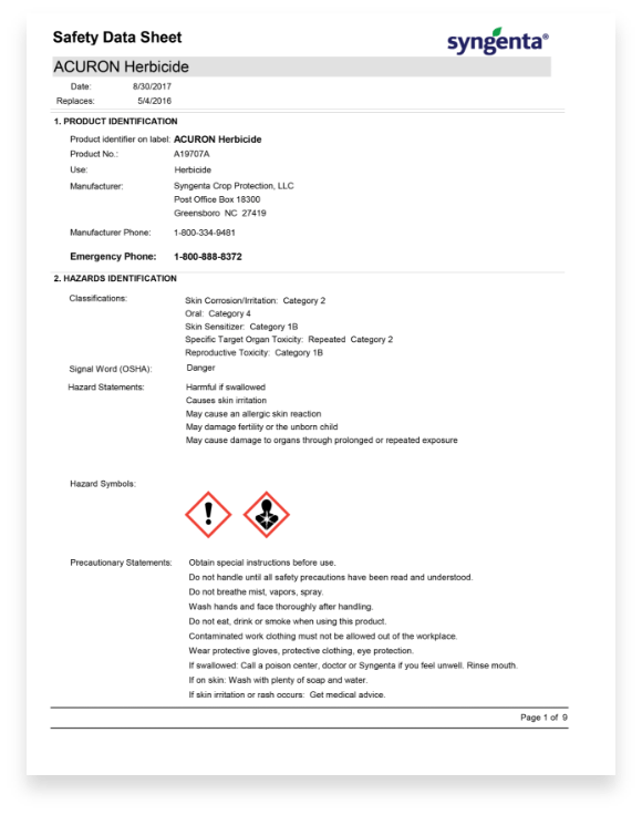 Acuron herbicide safety data sheet